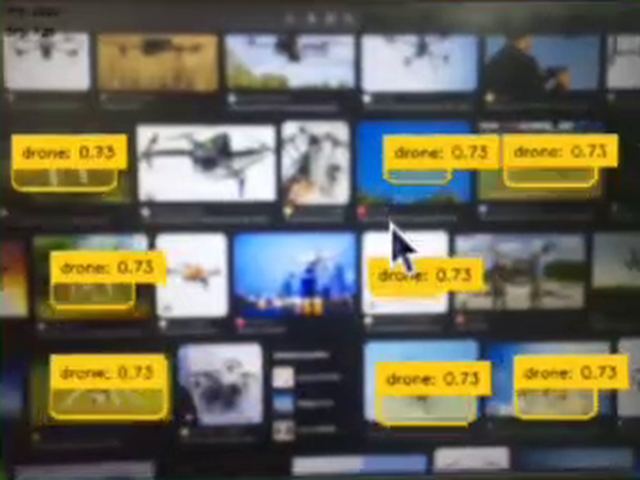 A screen of drone photos with yellow drone tags on many of them