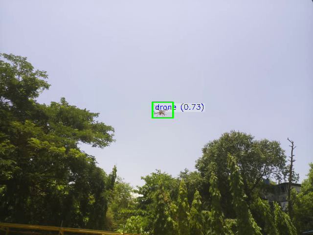 A quadcopter above trees, marked by a green drone box